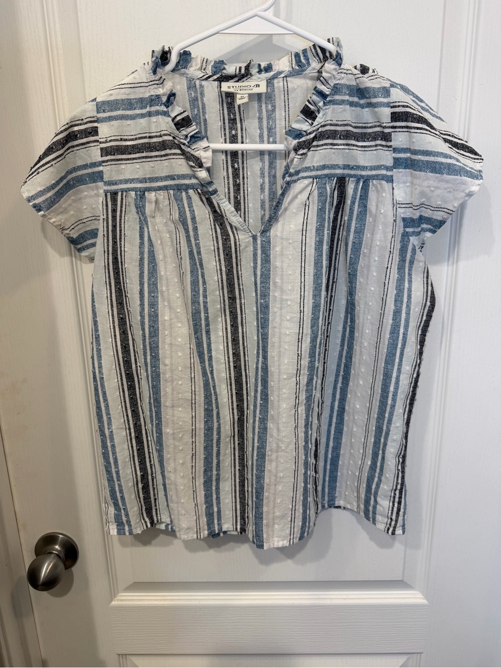 bobeau Blue, Black & White Striped Ruffle V-Neck Tunic